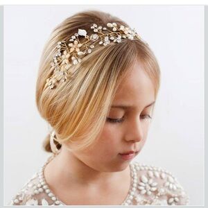 SWEETV Handmade Gold Flower Girl Headband – Pearl & Crystal Halo – NWT